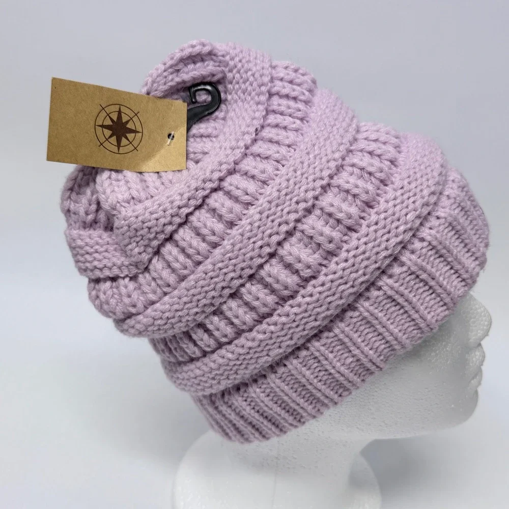 James Paul Youth Messy Bun Beanie Lavender Purple Cable Knit Ponytail Hat NEW